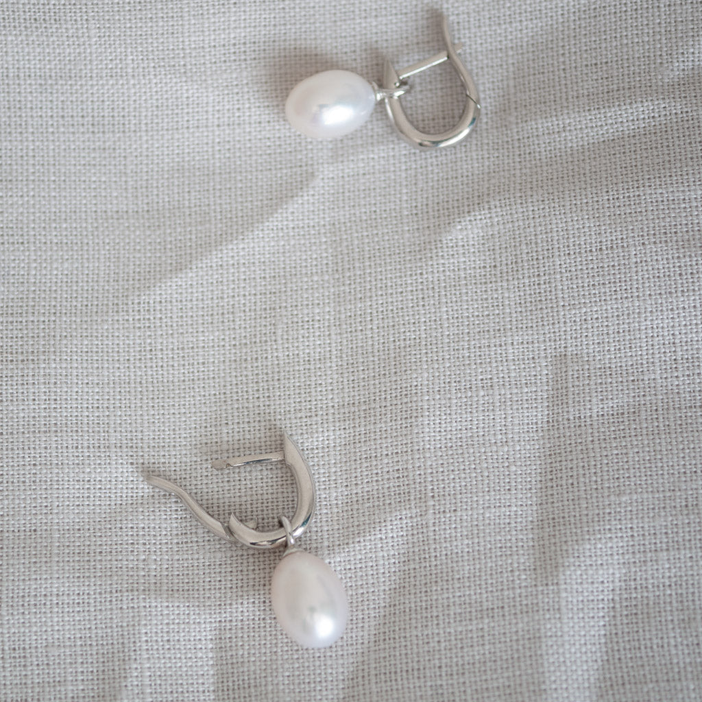 Maria Pearl Huggie Hoop Earrings Sterling Silver