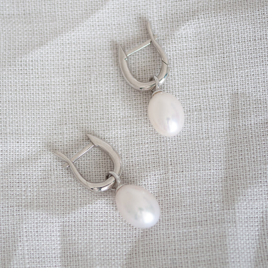 Maria Pearl Huggie Hoop Earrings Sterling Silver