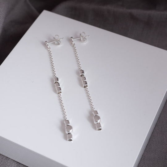 Endless Cubes Long Drop Sterling Silver Earrings