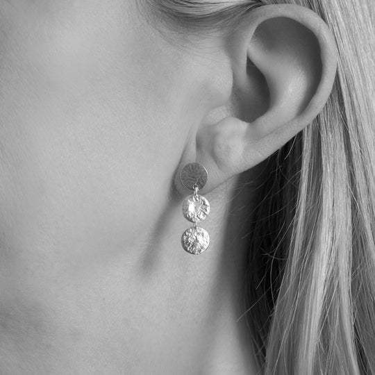 Triple Small Hammered  Sterling Silver Disc Drop Earrings