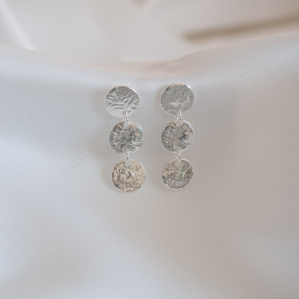 Triple Small Hammered  Sterling Silver Disc Drop Earrings