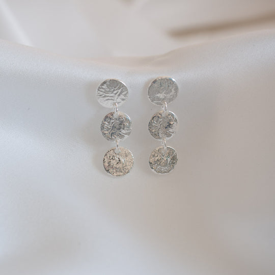 Triple Small Hammered  Sterling Silver Disc Drop Earrings