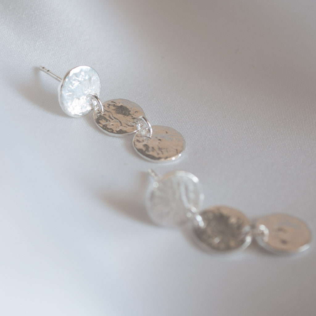 Triple Small Hammered  Sterling Silver Disc Drop Earrings