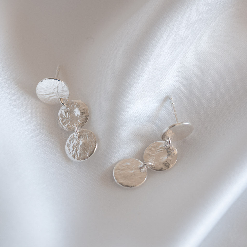 Triple Small Hammered  Sterling Silver Disc Drop Earrings