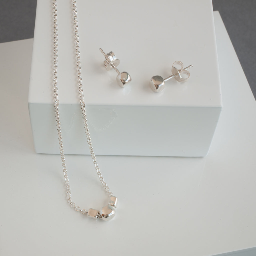 Sterling Silver Trio Cubes Necklace and Earrings Set