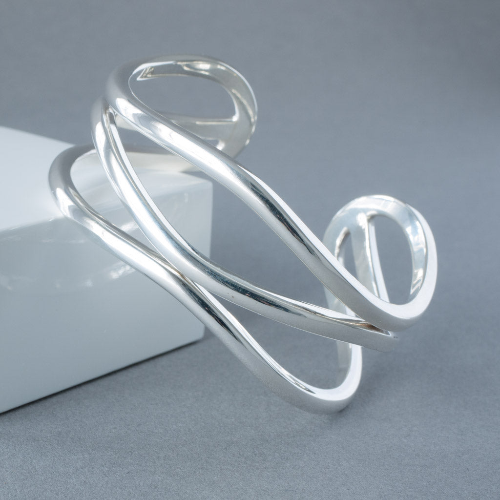 Avery Heavy Solid Sterling Silver Wavy Cuff Bangle