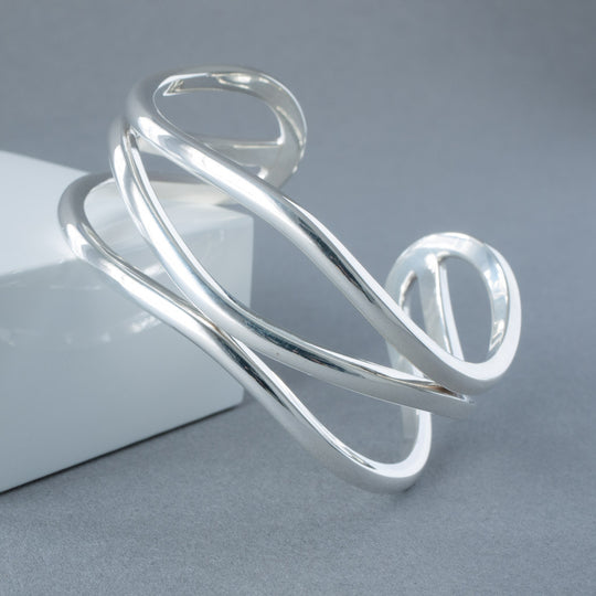 Avery Heavy Solid Sterling Silver Wavy Cuff Bangle