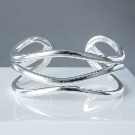 Avery Heavy Solid Sterling Silver Wavy Cuff Bangle